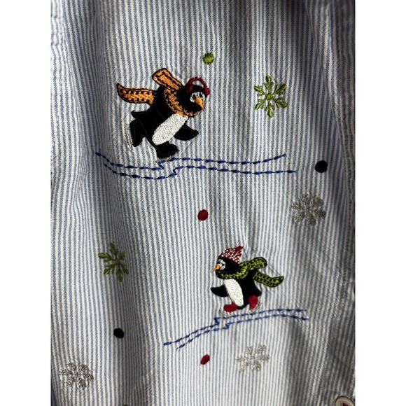 Womens L G 12 14 Striped Penguin Ski Embroidered‎ Denim Collar Button Up Shirt - Picture 2 of 5